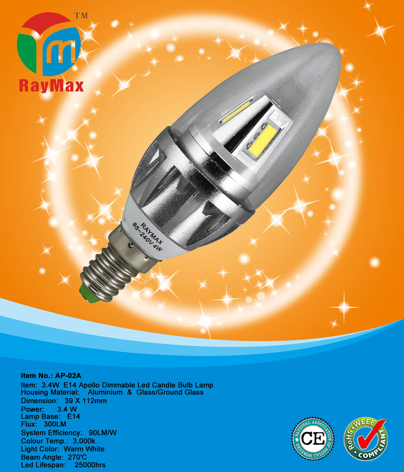 3.4W E14 LED CANDLE BULB LIGHT DIMMABLE