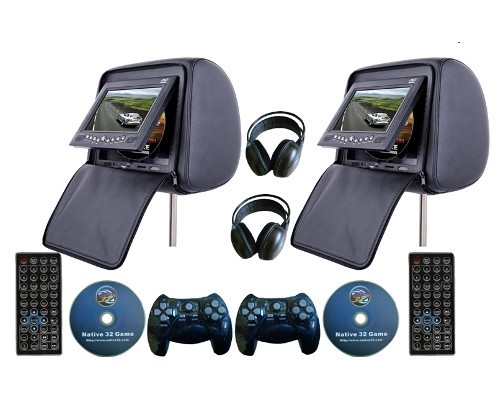 Car Headrest DVD Player with Zipper and IR Headphone- Pair