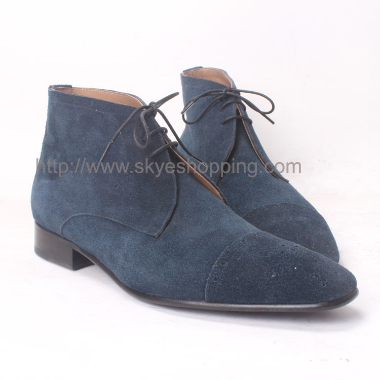 Blue Ankle Suede Leather Boots Men's Lace-Ups Goodyear